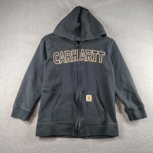 Carhartt Youth Medium Black Full Zip Hoodie Logo Fleece Jacket Warm Kids